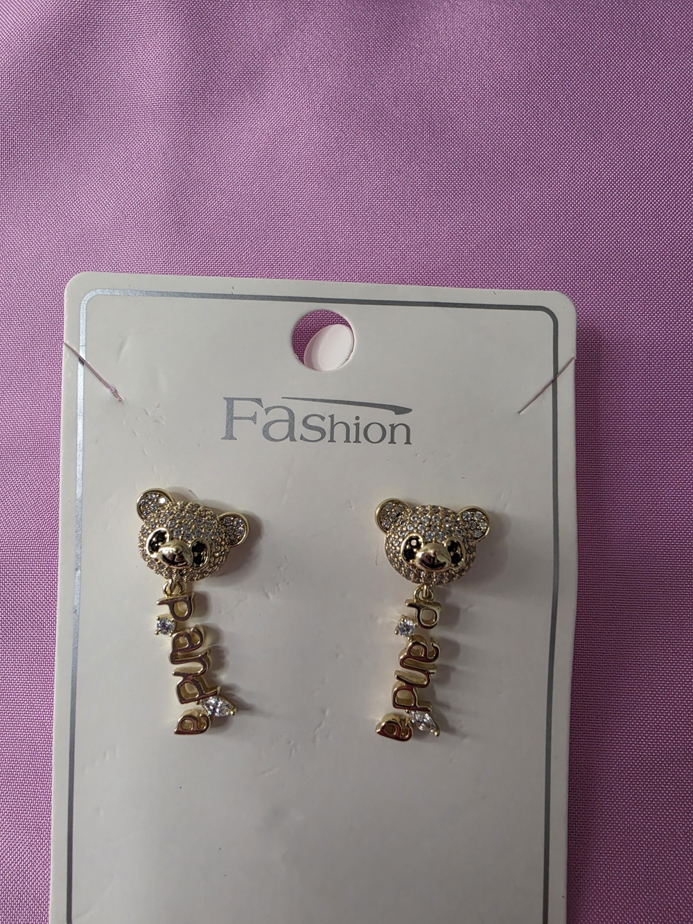 Gold-Tone Bear Drop Earrings - Pink Accents
